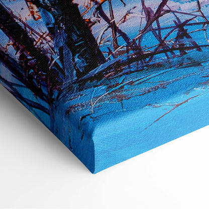 Vibrant blue canvas print of abstract tree branches in purples and blacks for winter forest landscape wall art