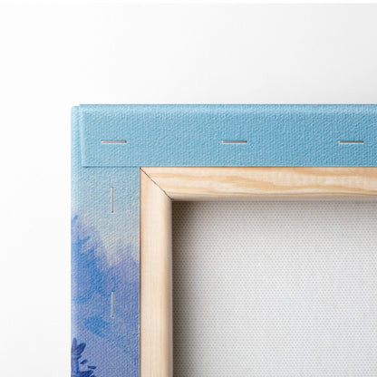 Light blue textured canvas with natural wood frame for winter forest landscape painting wall art print