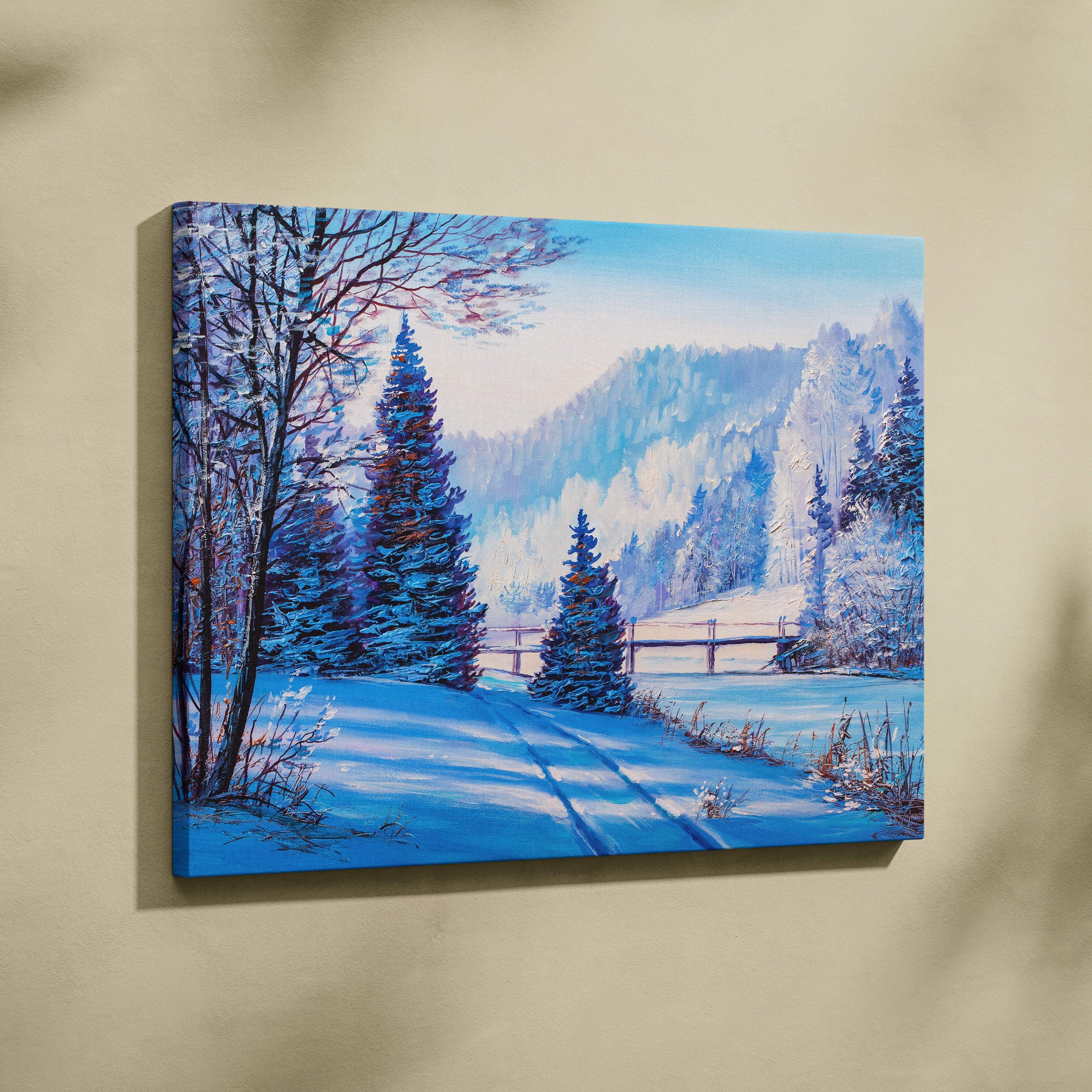 Blue winter landscape canvas painting with snow-covered pine trees and serene path framed with stretcher bars