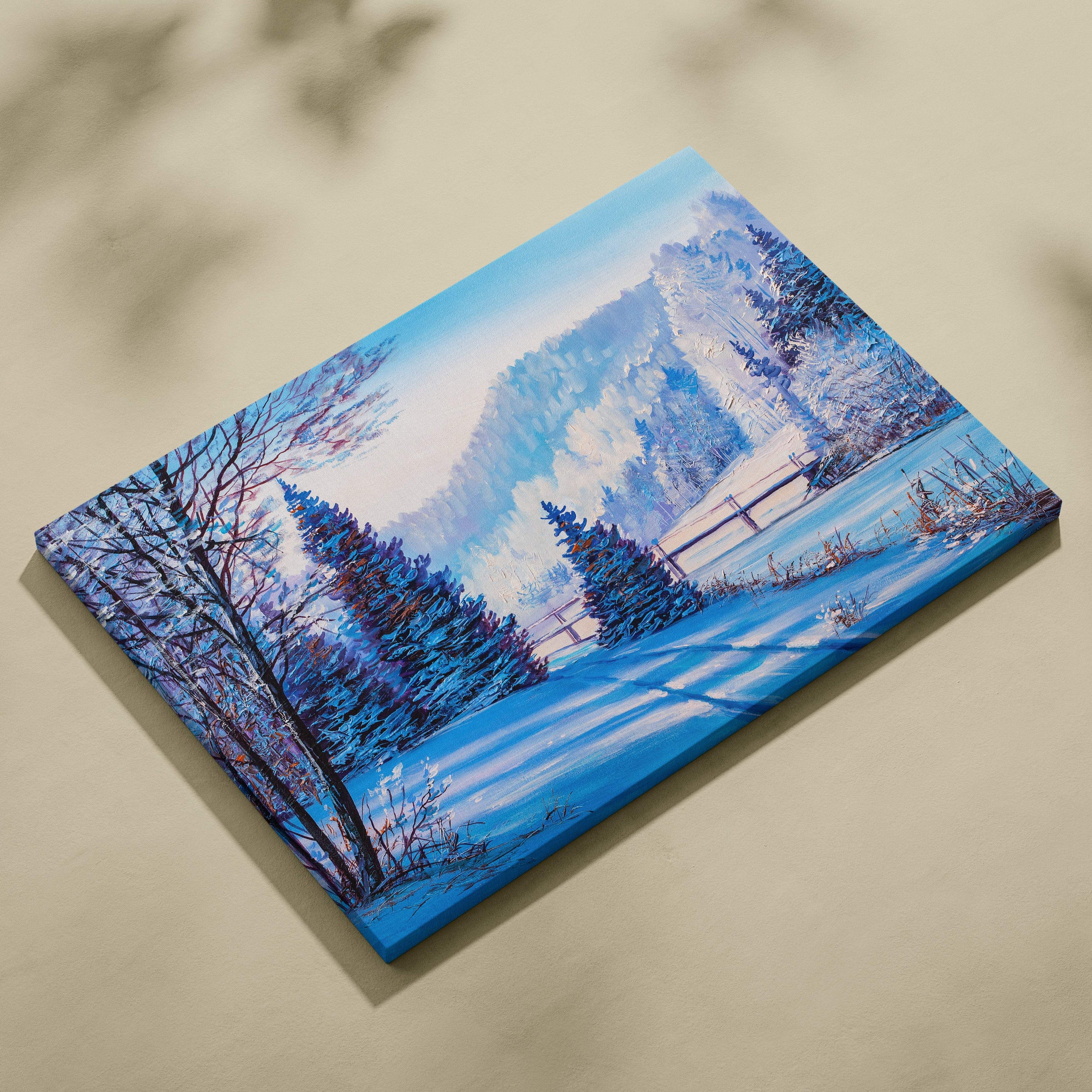 Winter forest landscape painting style wall art featuring vibrant blue snowy trees mountains on stretched canvas