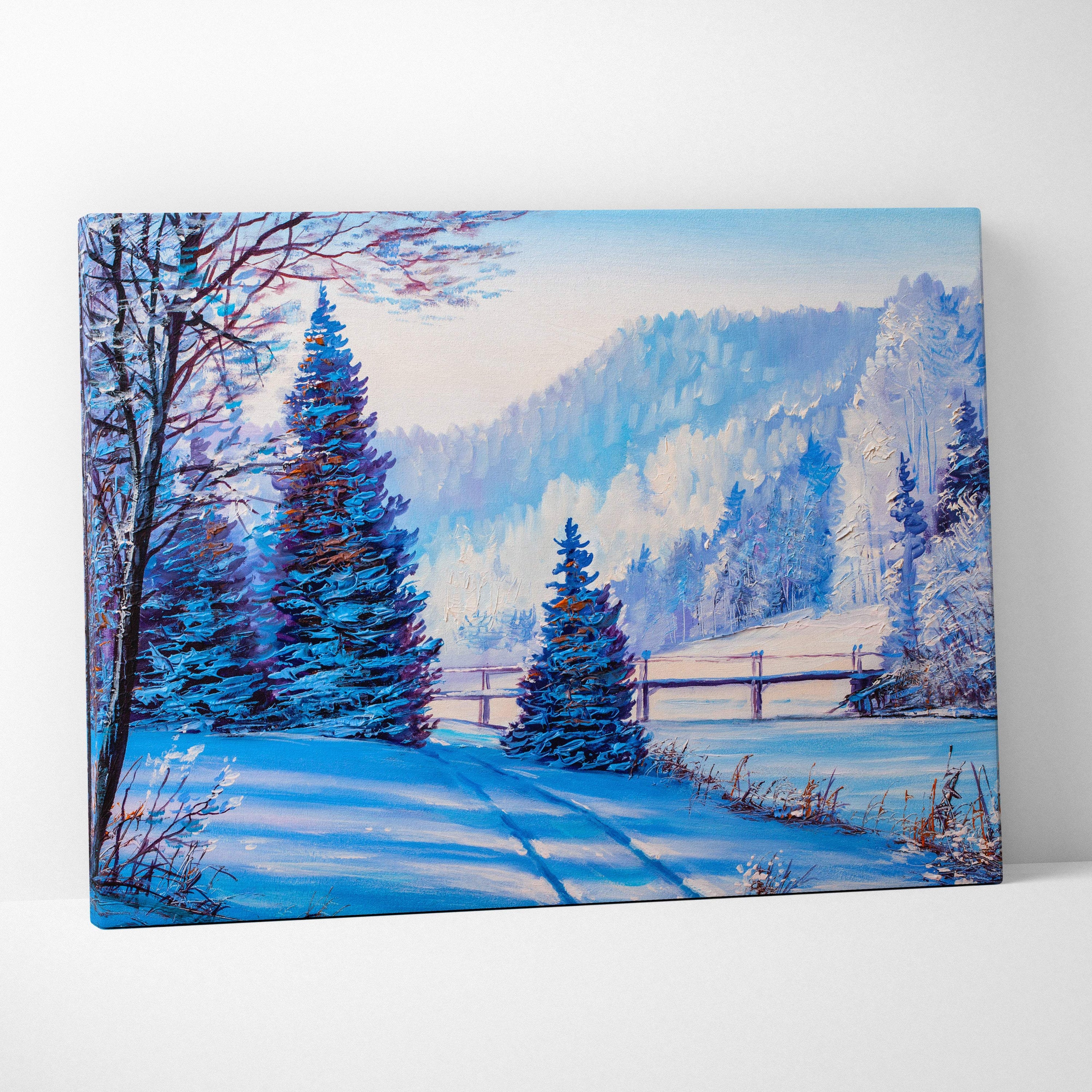 Blue winter landscape canvas painting featuring snow-covered pine trees and a frosty path for wall art decor