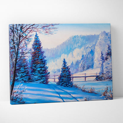 Blue winter landscape canvas painting featuring snow-covered pine trees and a frosty path for wall art decor