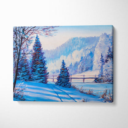 Winter forest landscape canvas print featuring blue-toned snowy pine trees and serene path wall art decor