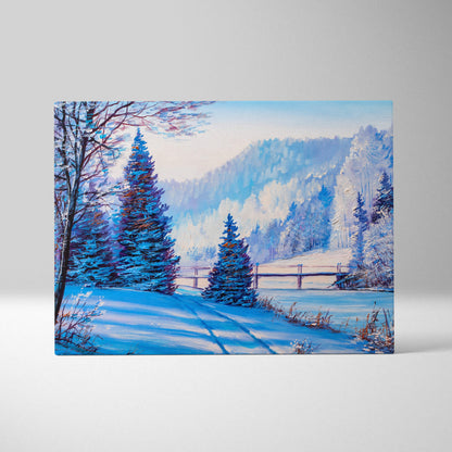 Rectangular canvas painting of a winter forest landscape with snowy evergreen trees and soft blue tones wall art