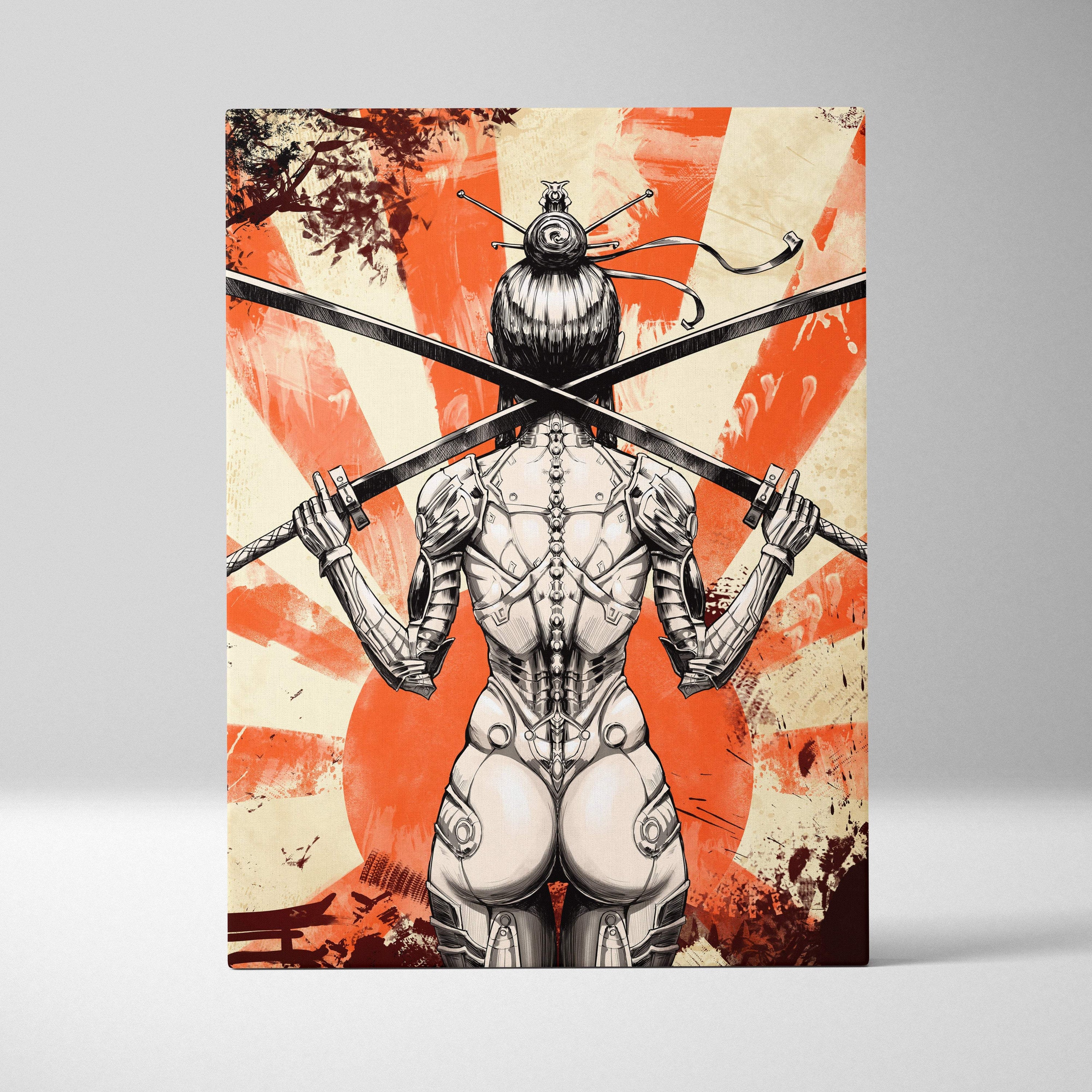 A futuristic samurai canvas art with metallic armor and dual katanas against an orange red rising sun background