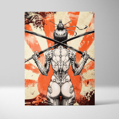 A futuristic samurai canvas art with metallic armor and dual katanas against an orange red rising sun background