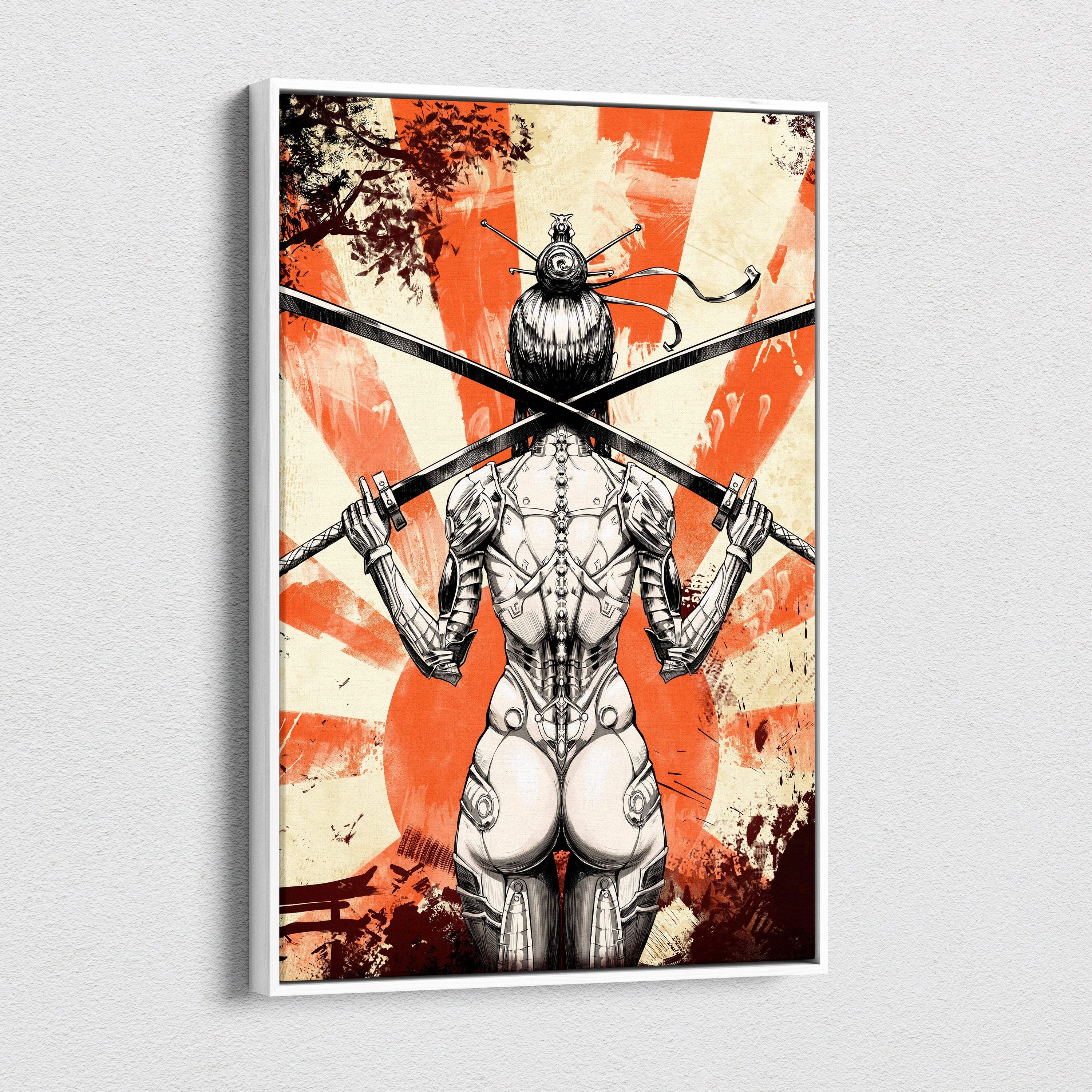 A framed canvas artwork of a stylized armored female mecha samurai with crossed swords on an orange cream japanese flag backdrop