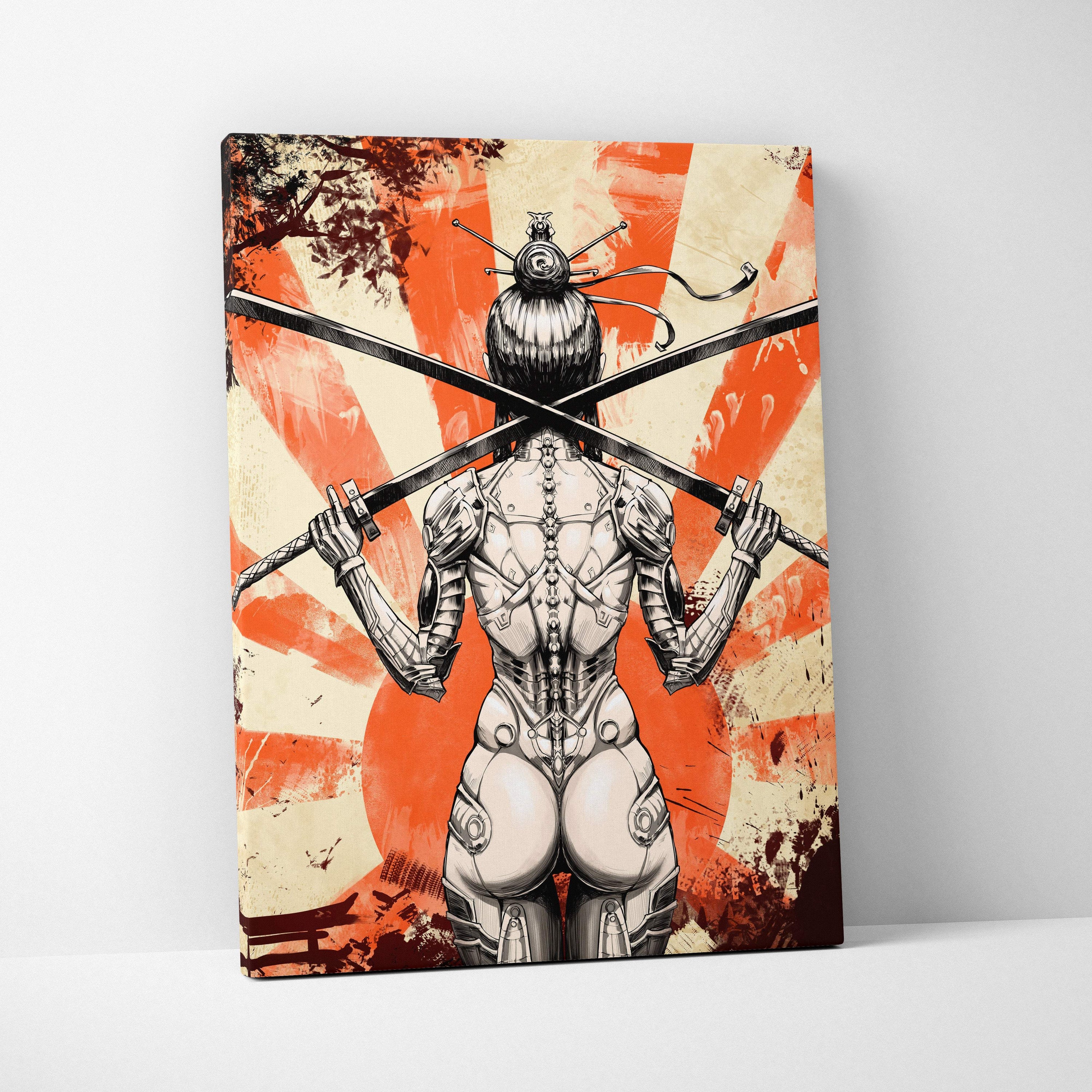 Canvas print of a mecha female samurai with crossed swords against an orange and beige red rising sun background