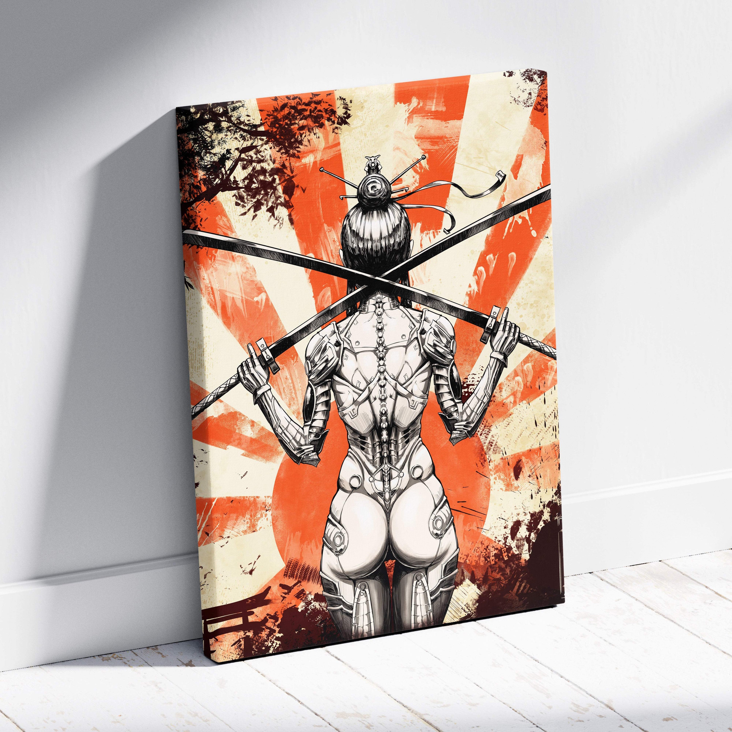 Canvas print of a stylized armored female samurai with crossed swords against an orange red sunburst background