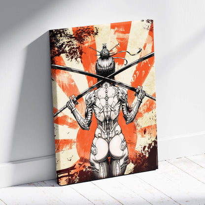 Canvas print of a stylized armored female samurai with crossed swords against an orange red sunburst background