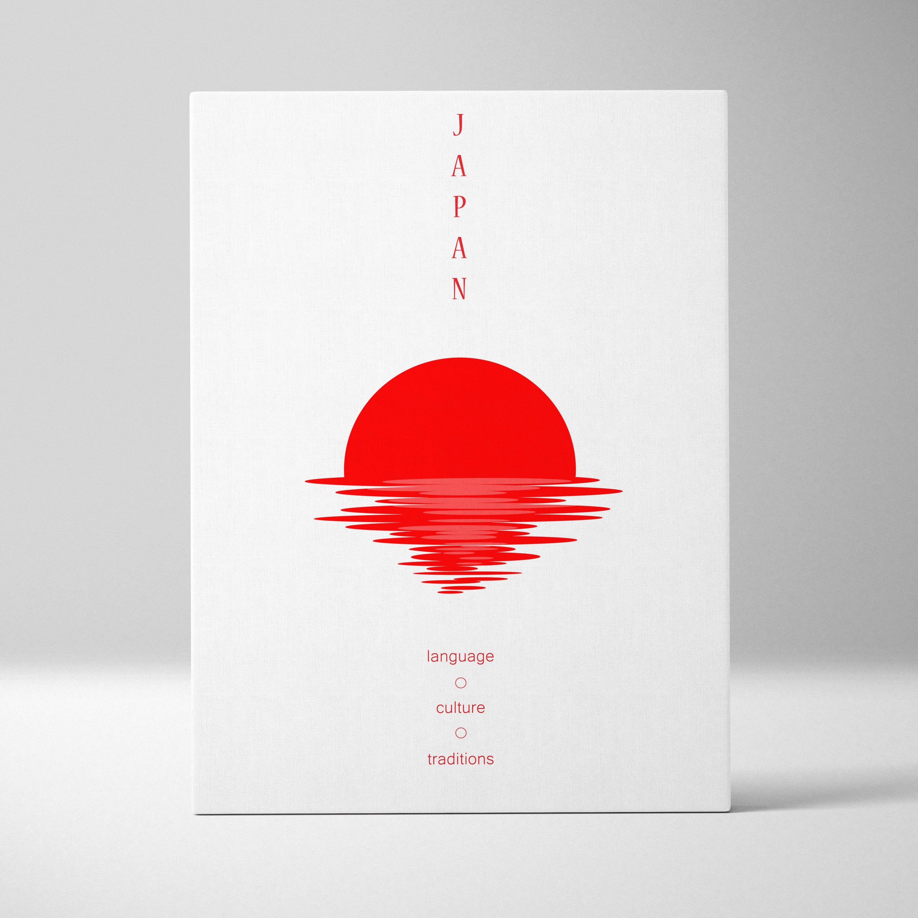 White rectangular canvas wall art with bold red sun and text japan language culture traditions minimalist decor
