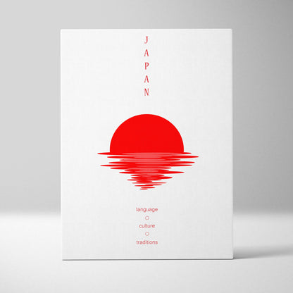 White rectangular canvas wall art with bold red sun and text japan language culture traditions minimalist decor