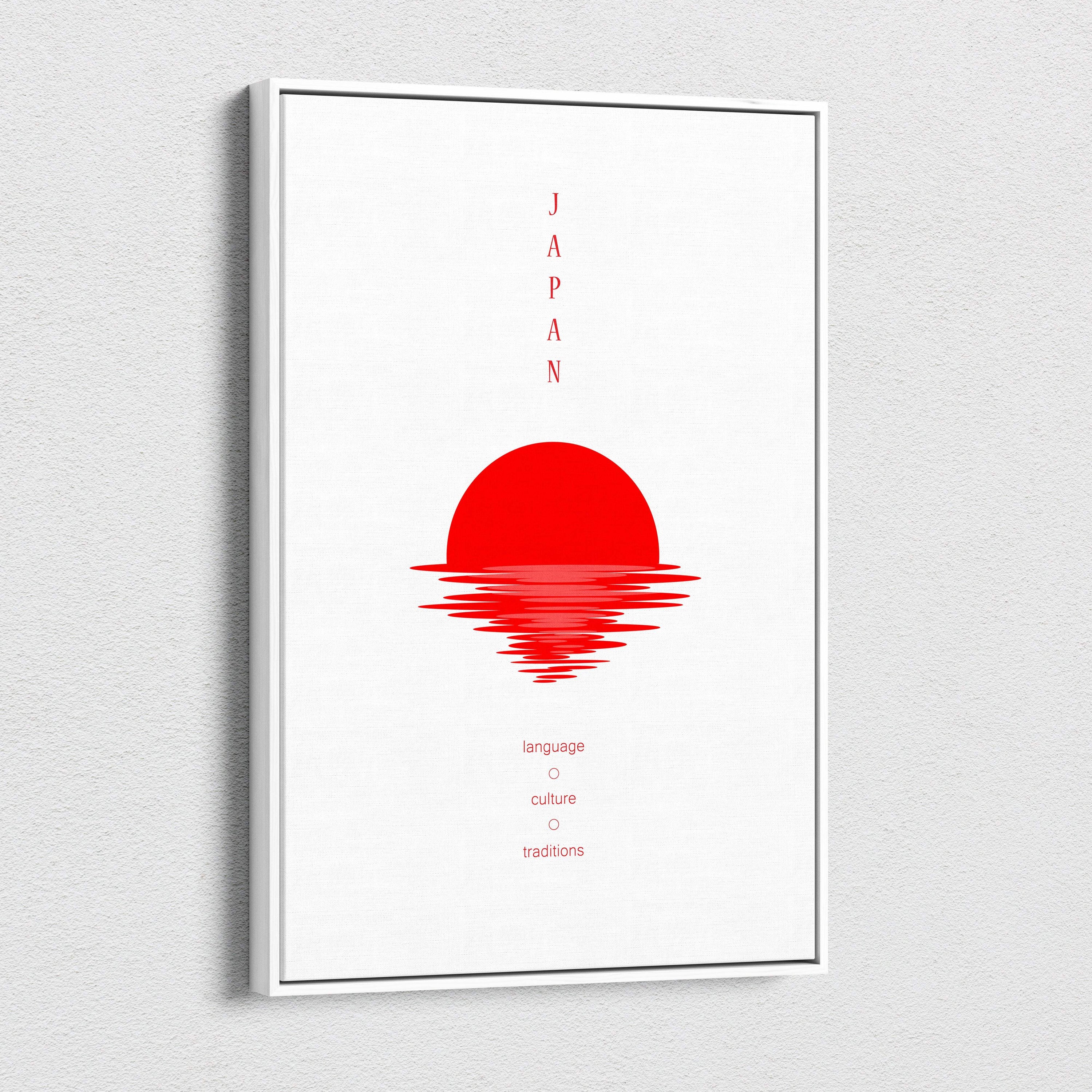 A minimalist framed canvas wall art featuring a bold red sun setting over stylized water with japan text