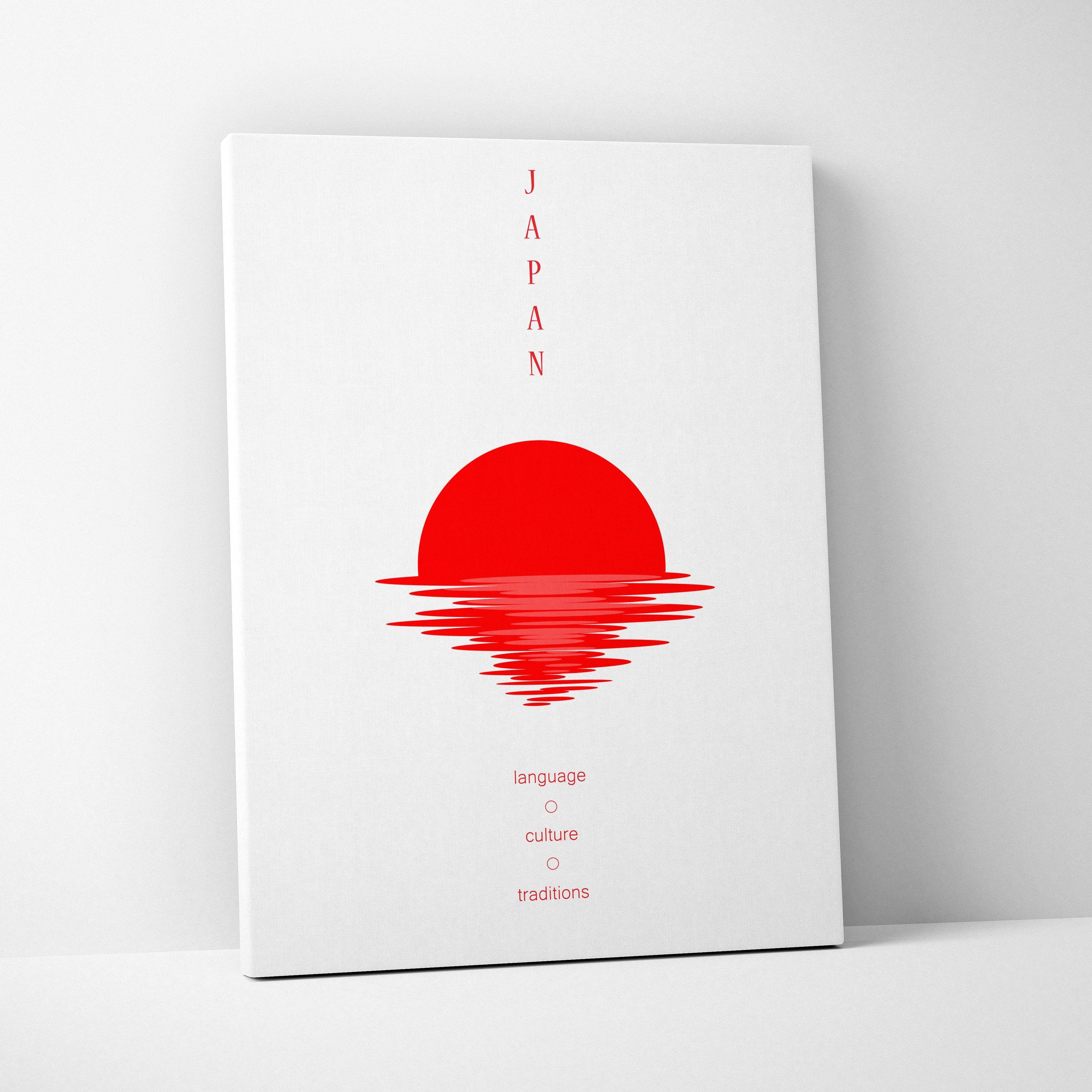 White canvas print featuring bold red sun over stylized waves with japan and culture keywords for minimalist wall art