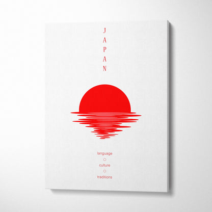 Red japan sunset canvas wall art with minimalist red sun and water ripples in japanese poster style for zen decor