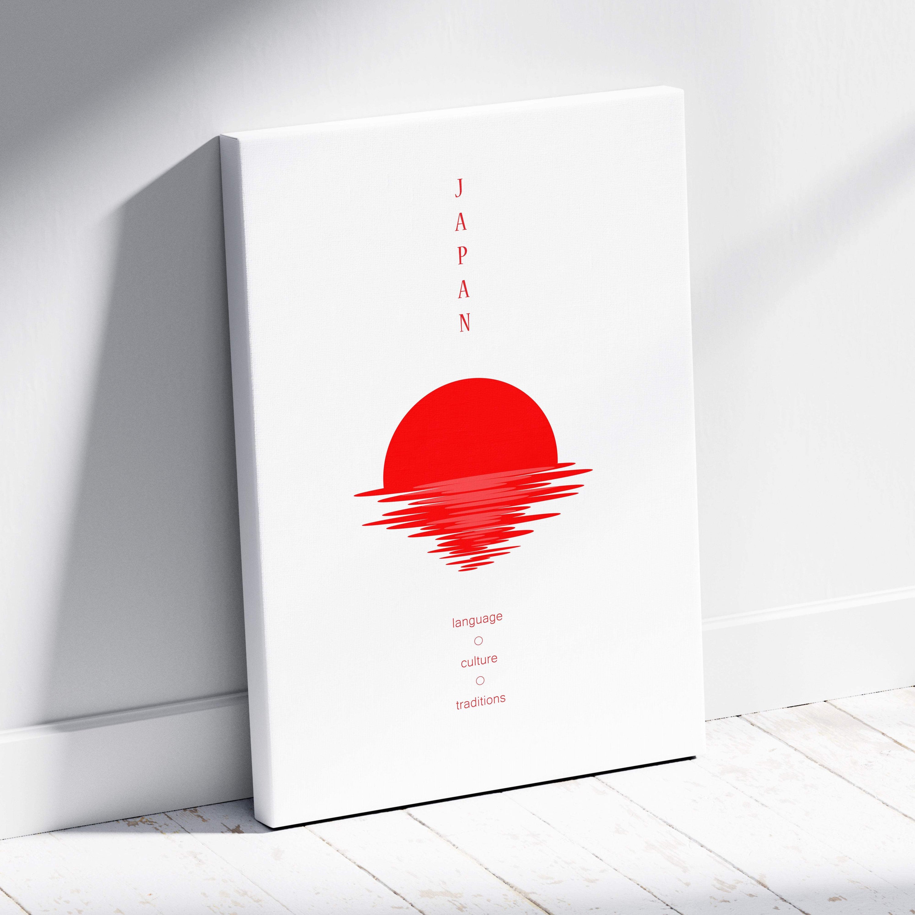 White canvas print with bold red sun rising over waves and japan text featuring language culture traditions in red