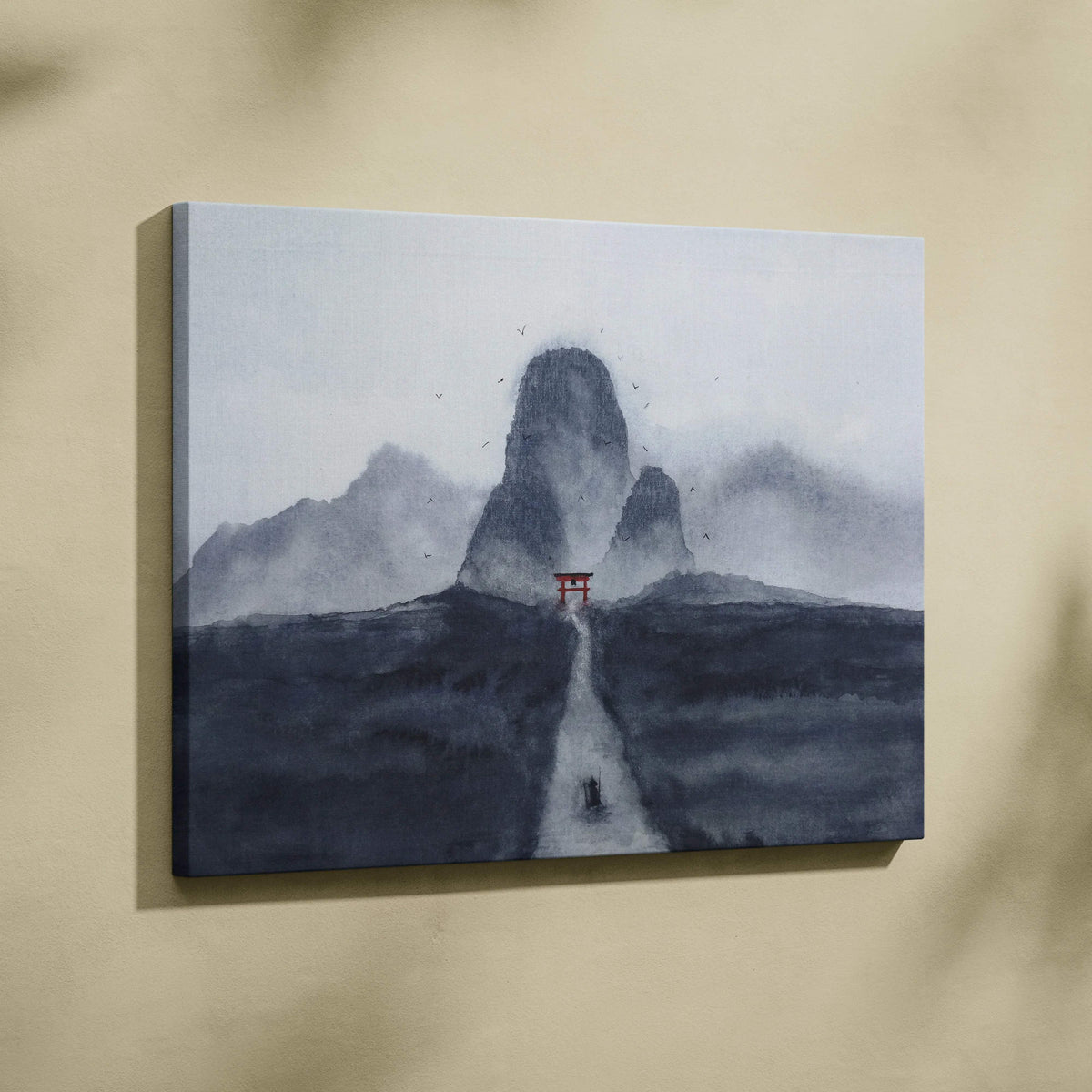 Minimalist grayscale misty mountain canvas with red torii gate