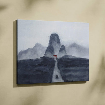 Minimalist grayscale misty mountain canvas with red torii gate