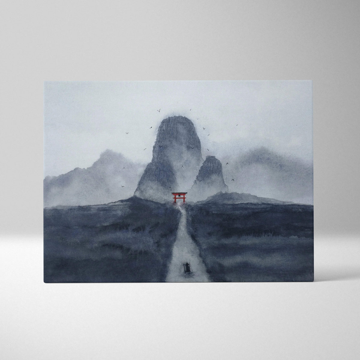 Minimalist ink wash canvas art of red torii gate on misty mountain path