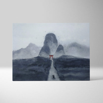 Minimalist ink wash canvas art of red torii gate on misty mountain path