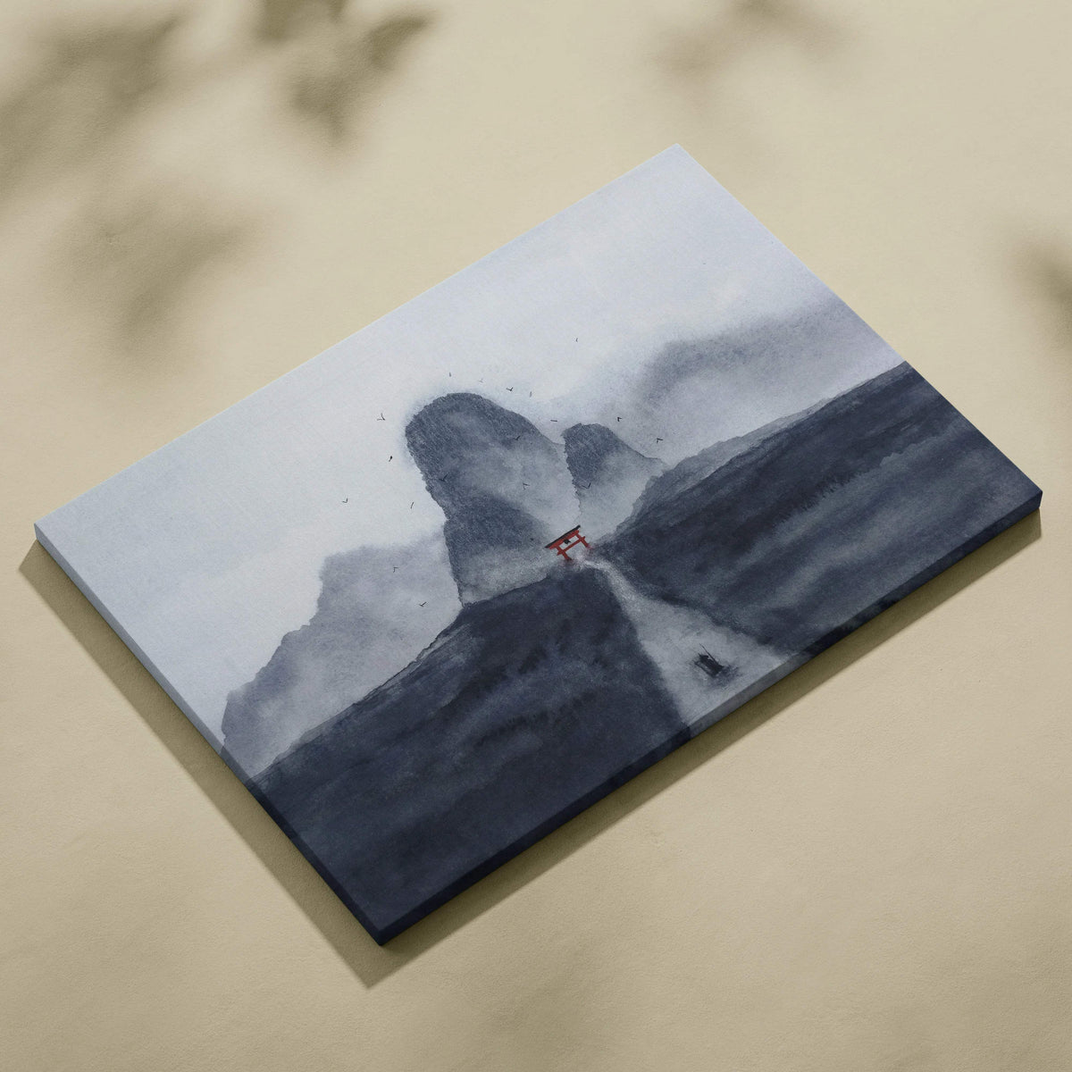 Minimalist monochrome ink wash canvas of misty gray mountains and red torii gate
