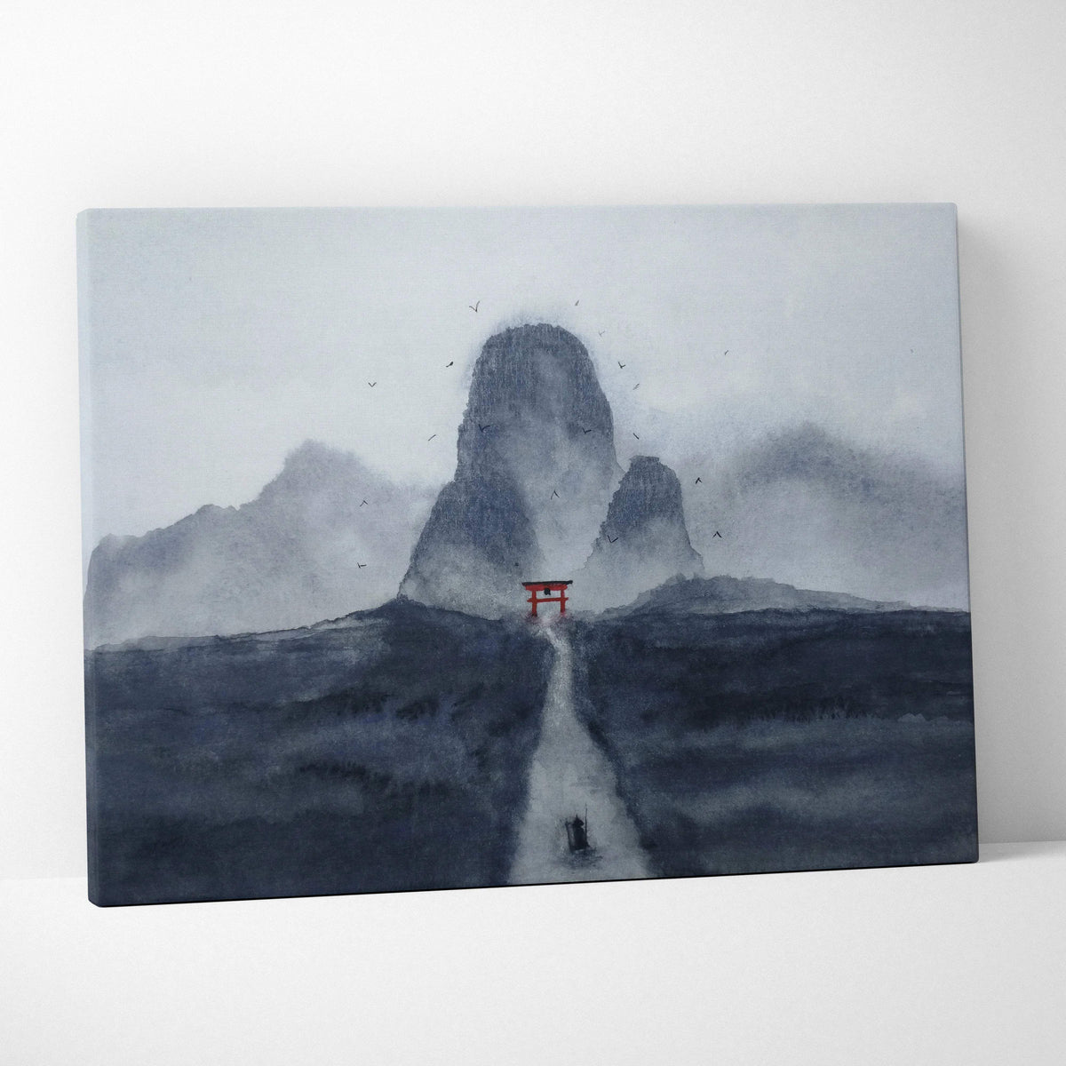 Minimalist misty mountain canvas with red torii gate in monochrome ink wash