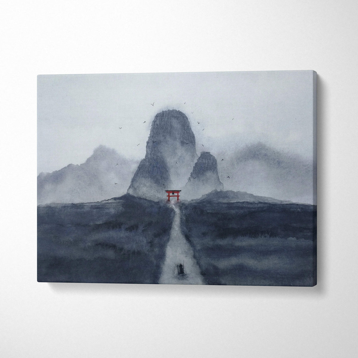 Minimalist misty mountain watercolor with red torii gate canvas art