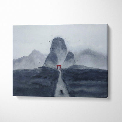 Minimalist misty mountain watercolor with red torii gate canvas art