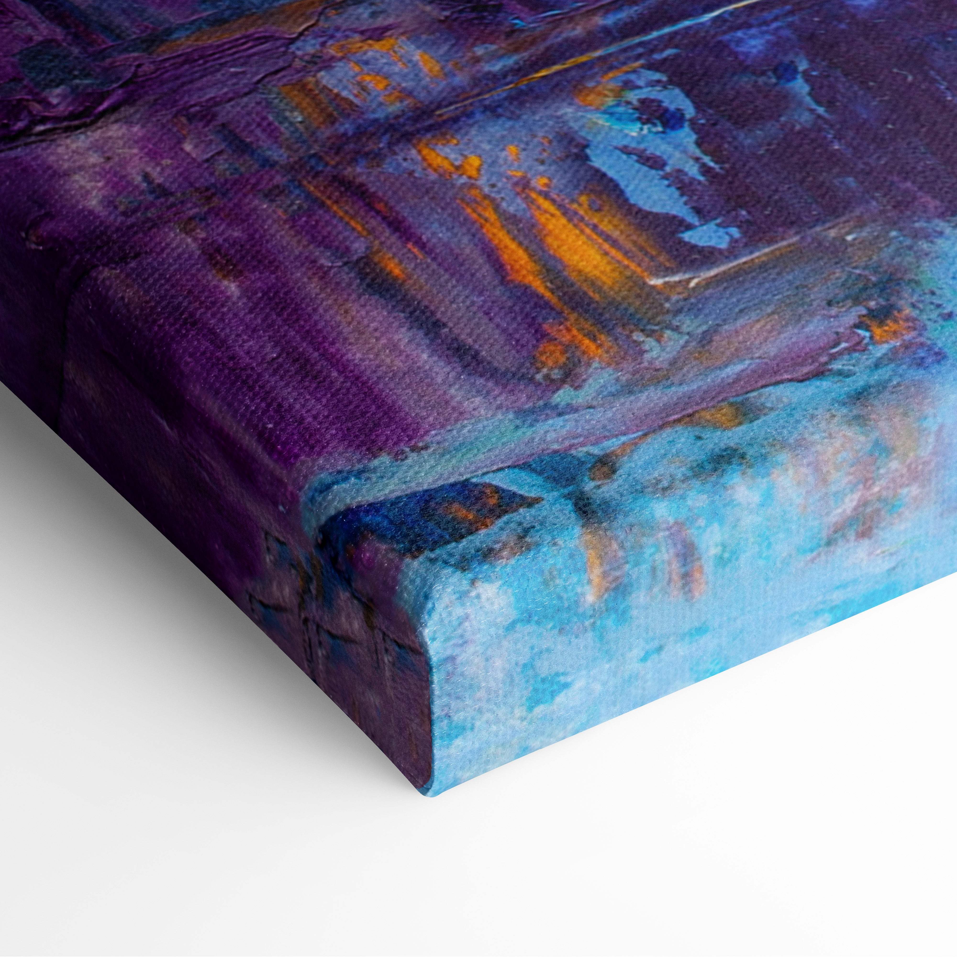 Modern abstract city skyline canvas painting with textured bold purple blue and orange strokes for wall art