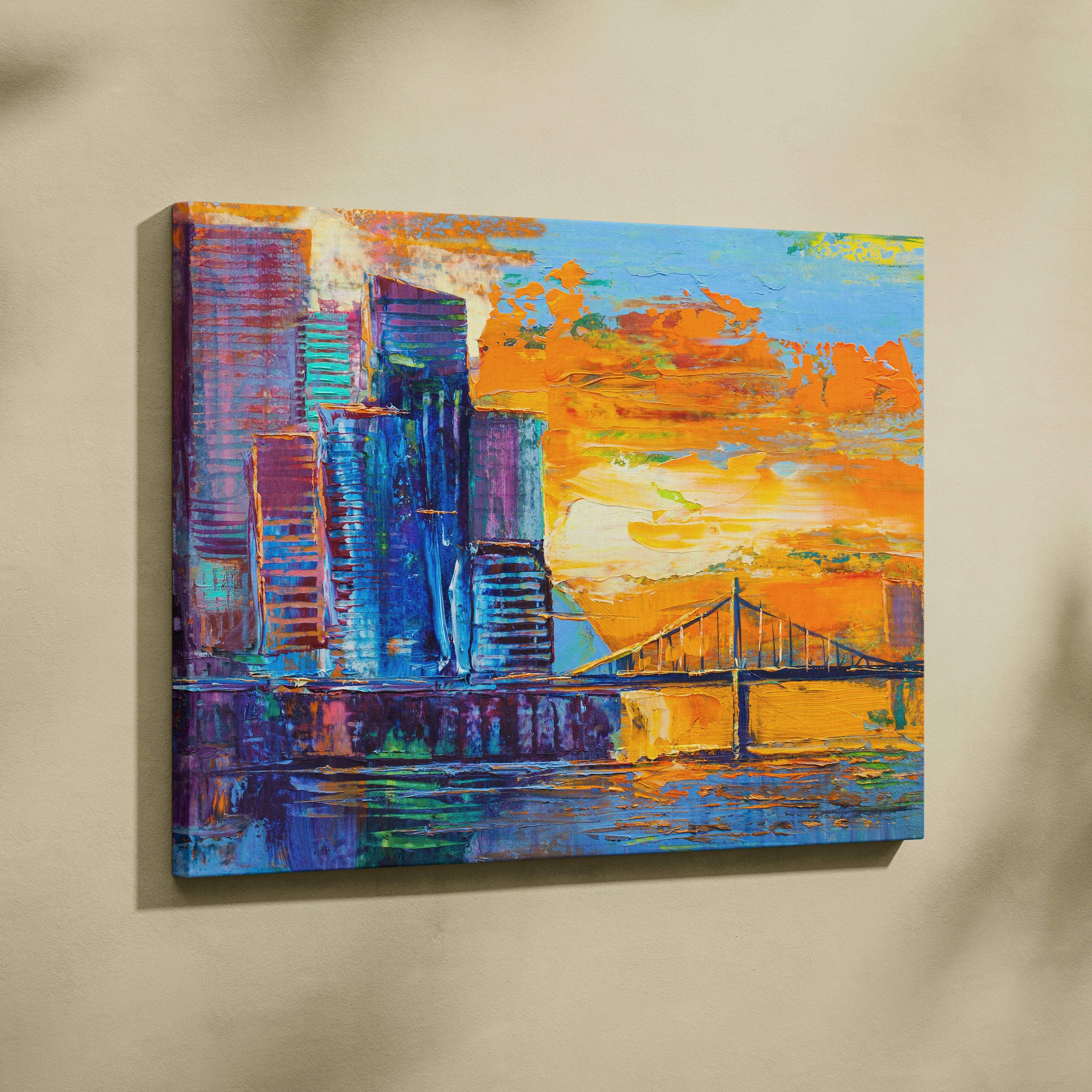 Modern abstract city skyline canvas painting with bold blues purples and oranges depicting urban bridge at sunset