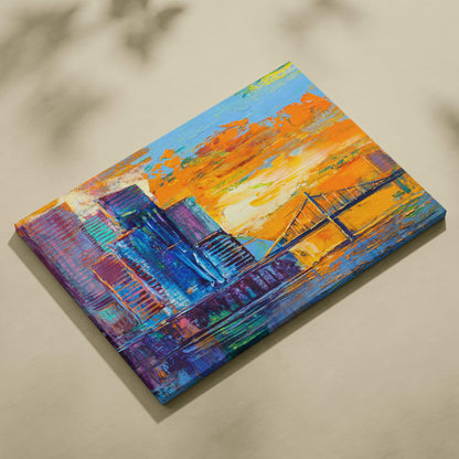 Modern abstract city skyline canvas painting with vibrant blue orange and purple brushstrokes of urban bridge sunset