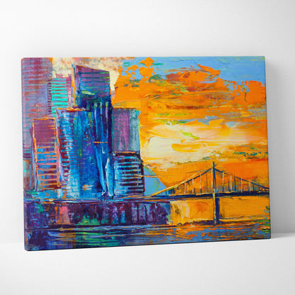 Vibrant modern abstract city skyline painting canvas print featuring bold blue and orange hues with visible brushstrokes