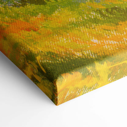 A vibrant canvas print of an impressionistic alpine peaks landscape with wildflower fields in bold yellows and greens