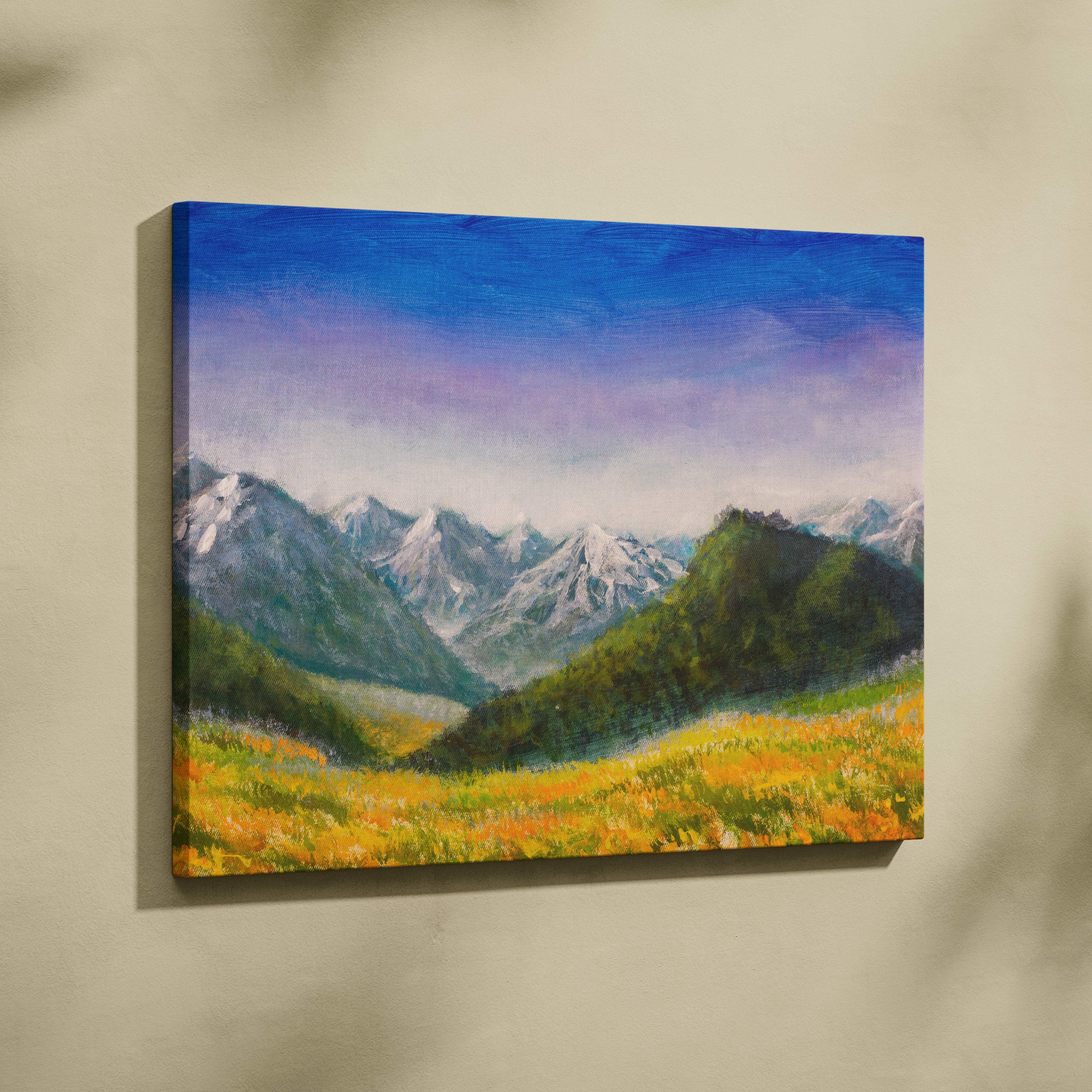 A vibrant canvas print of alpine peaks with snow capped mountains green slopes and golden wildflowers under blue sky