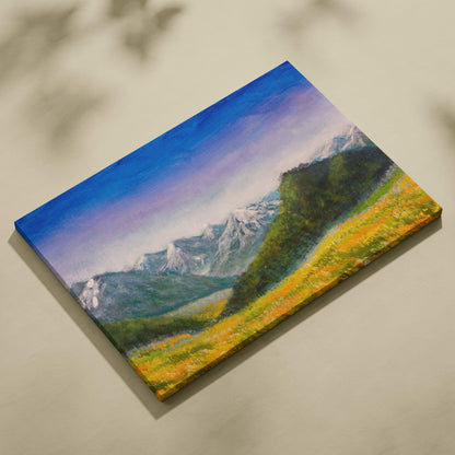 A vibrant canvas painting of alpine peaks with snow, green slopes, and golden wildflowers under a blue sky wall art