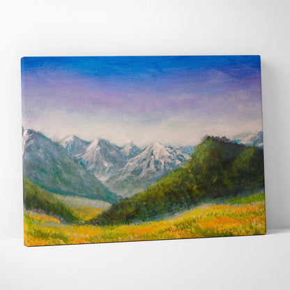 Vibrant canvas painting of alpine peaks with snow-capped mountains lush green slopes and golden wildflower field wall art