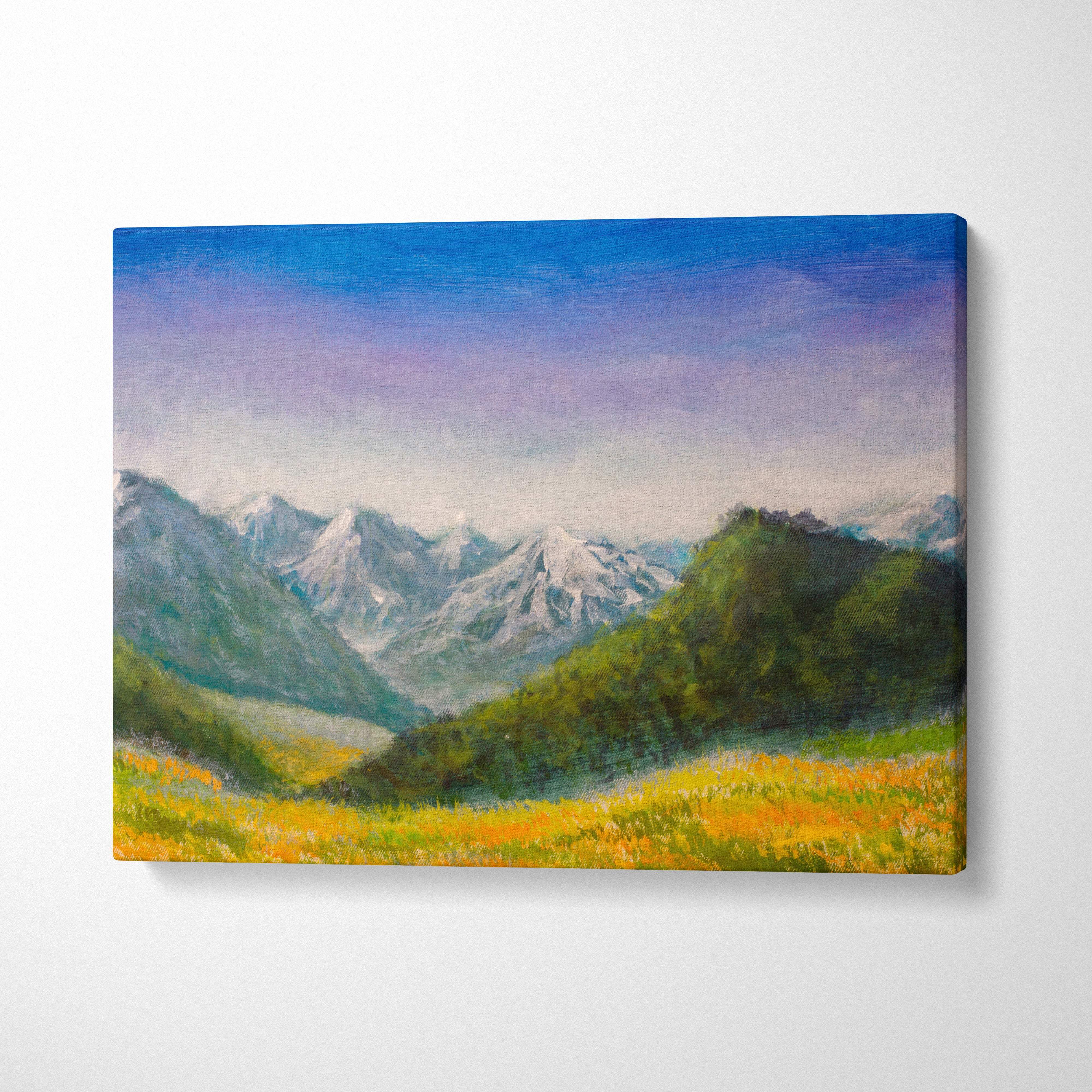 A vibrant mountain meadow landscape painting on canvas featuring alpine peaks with wildflower fields under blue sky