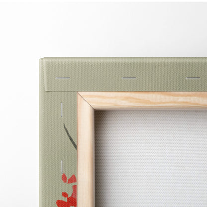 Light green canvas frame with natural wood border of red torii gate mountain cherry blossom japanese ink painting wall art