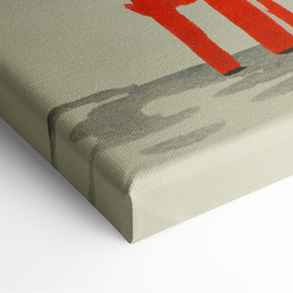Red torii gate mountain canvas wall art with bold red abstract shapes on olive green textured fabric edges