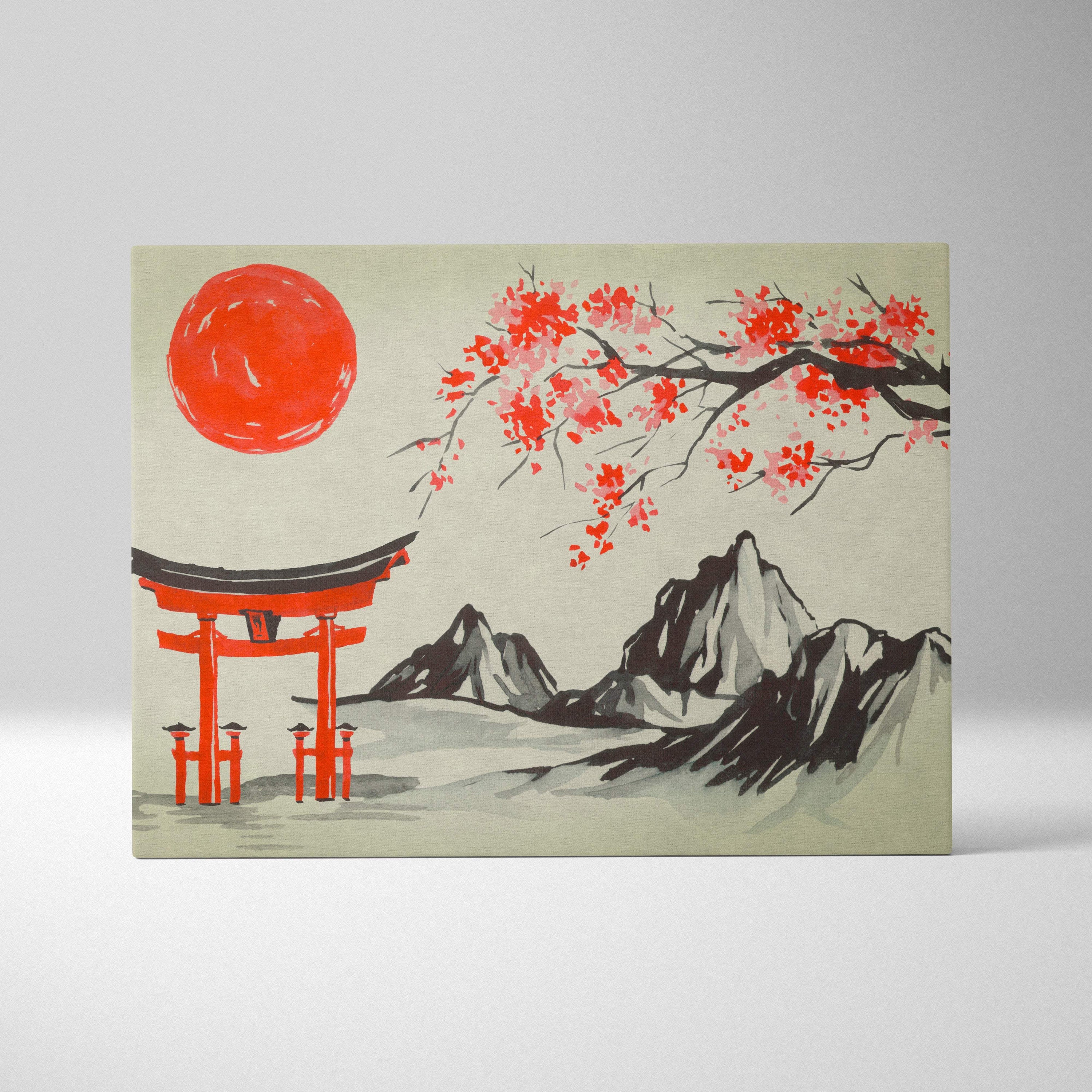 Red torii gate mountain canvas wall art with vibrant cherry blossoms and a bold orange sun for peaceful zen decor