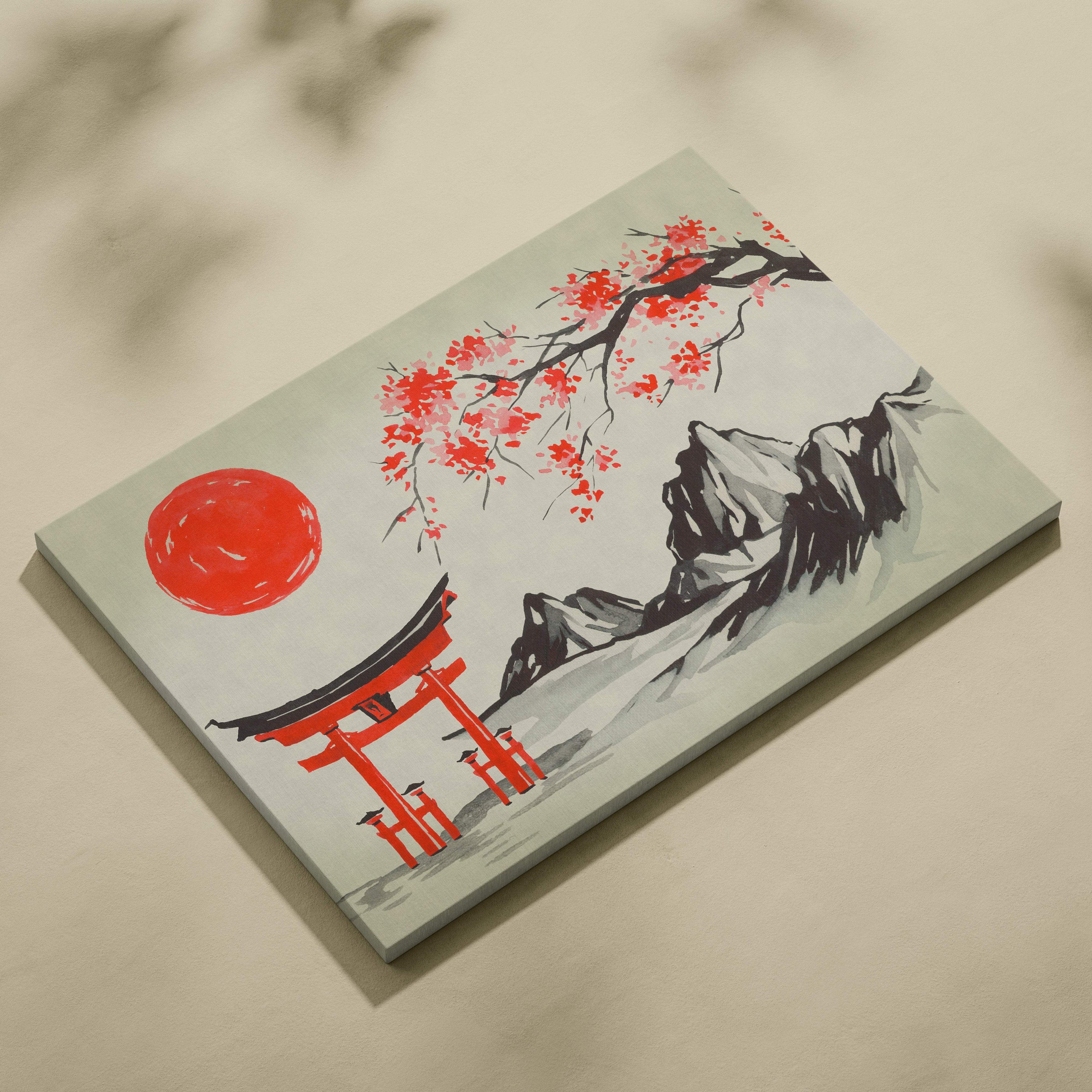 Red torii gate mountain canvas wall art with vibrant red torii, pink cherry blossoms, and bold red sun on gray background