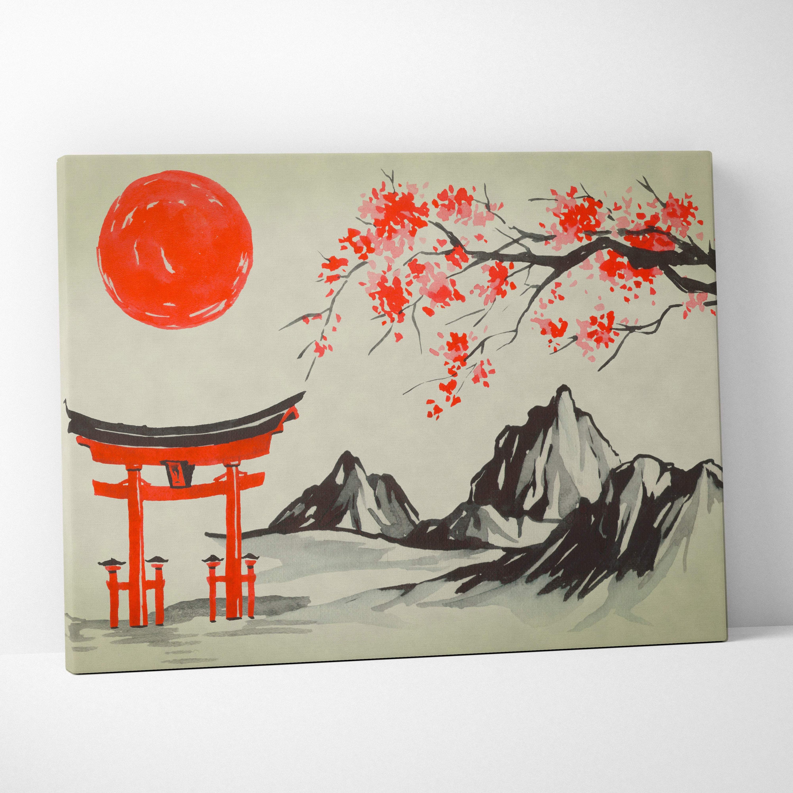 Red torii gate mountain canvas wall art with black accents and cherry blossoms under orange sun in japanese ink painting style