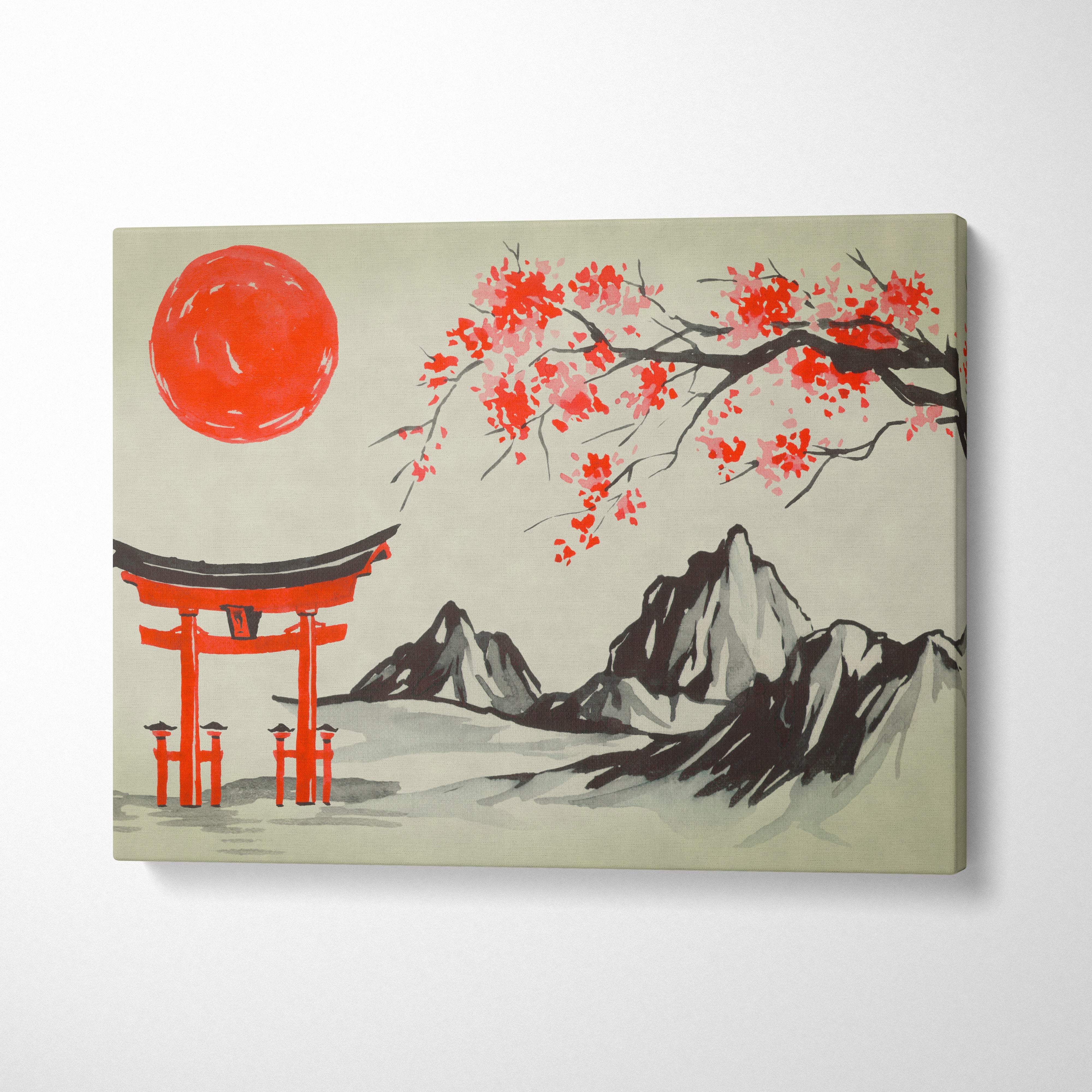 A vibrant red torii gate beneath an orange sun with cherry blossoms and misty mountains on canvas wall art