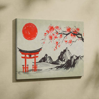 Red torii gate canvas wall art with cherry blossoms and mountains in japanese ink painting style for serene decor