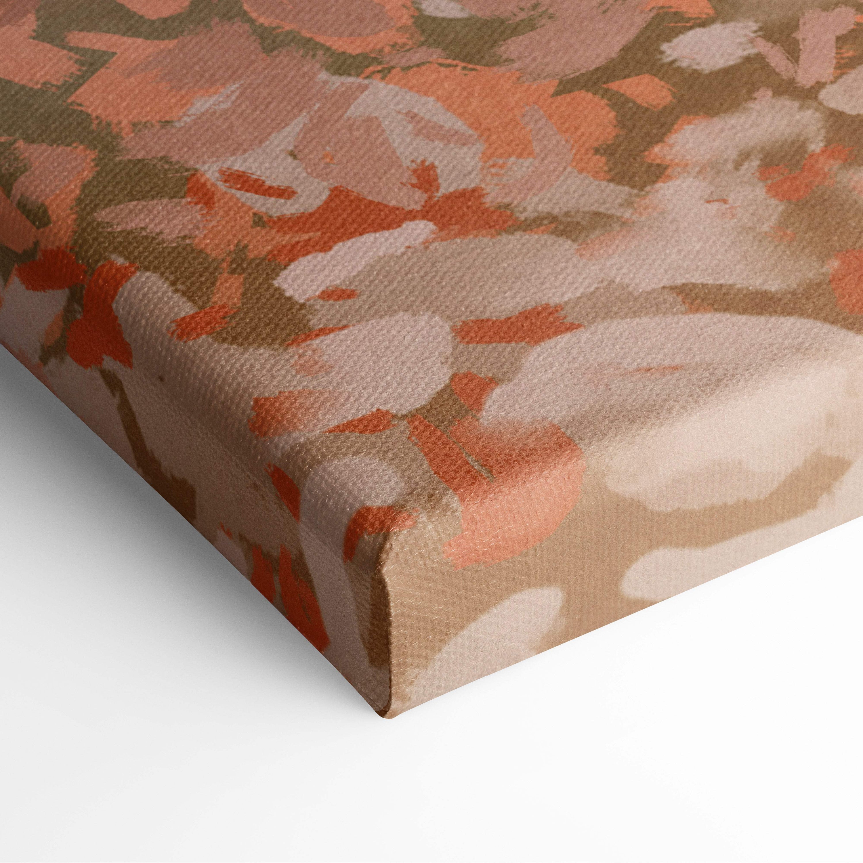 Dark fantasy reaper canvas wall art featuring a soft abstract floral pattern in muted orange and beige tones