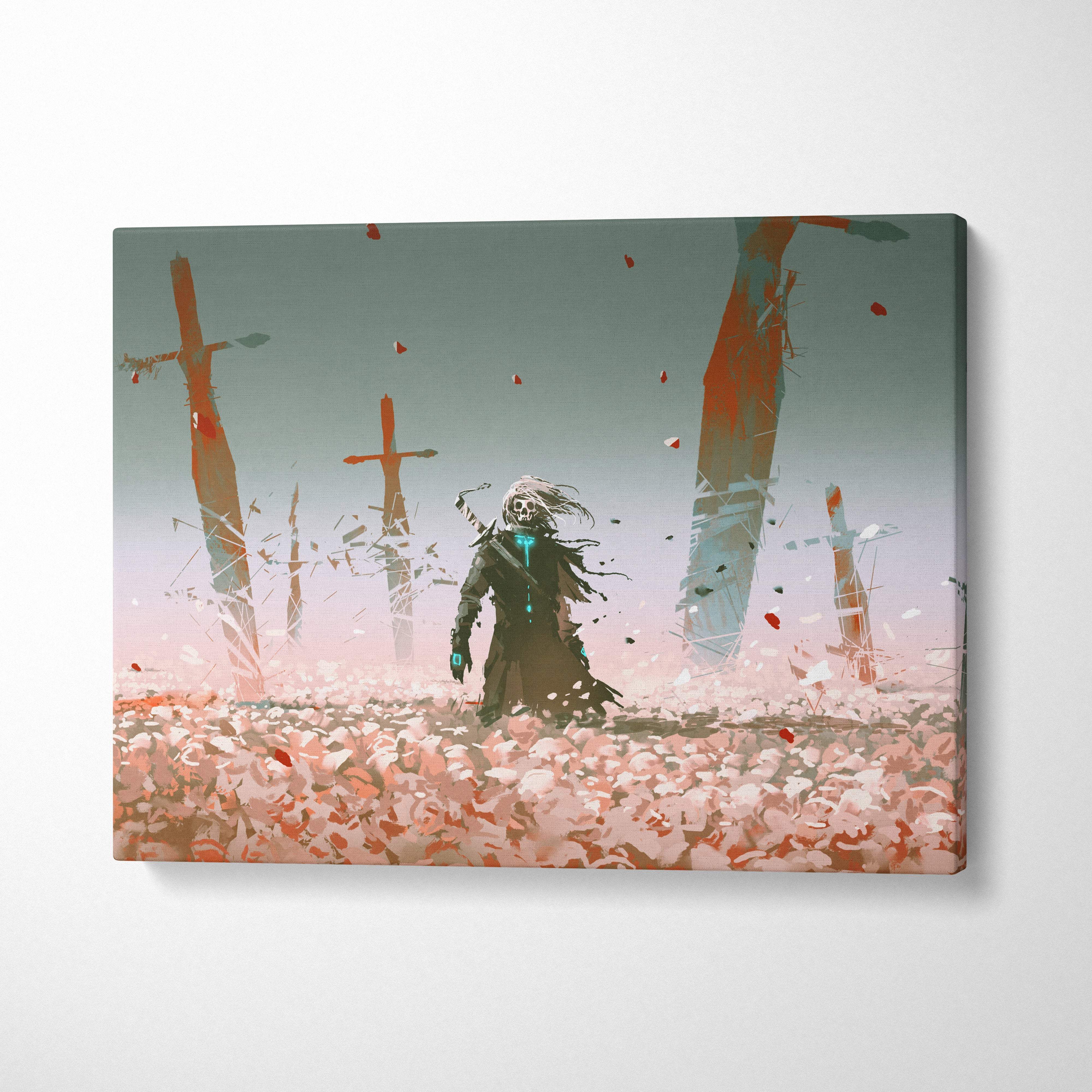 Dark fantasy reaper canvas wall art featuring a skeletal figure in dark clothing amid falling petals and broken crosses in muted tones