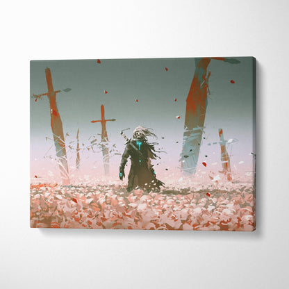 Dark fantasy reaper canvas wall art featuring a skeletal figure in dark clothing amid falling petals and broken crosses in muted tones