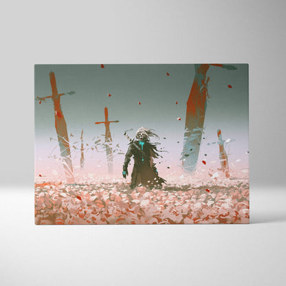 Dark fantasy reaper canvas wall art featuring a skeletal warrior in black robes amidst shattered swords and falling petals
