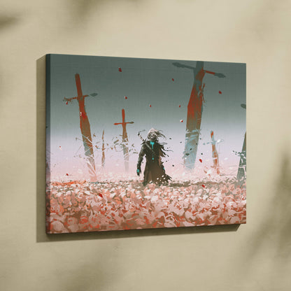 Dark fantasy reaper canvas wall art with a lone skull warrior in dark clothing among shattered swords and red petals