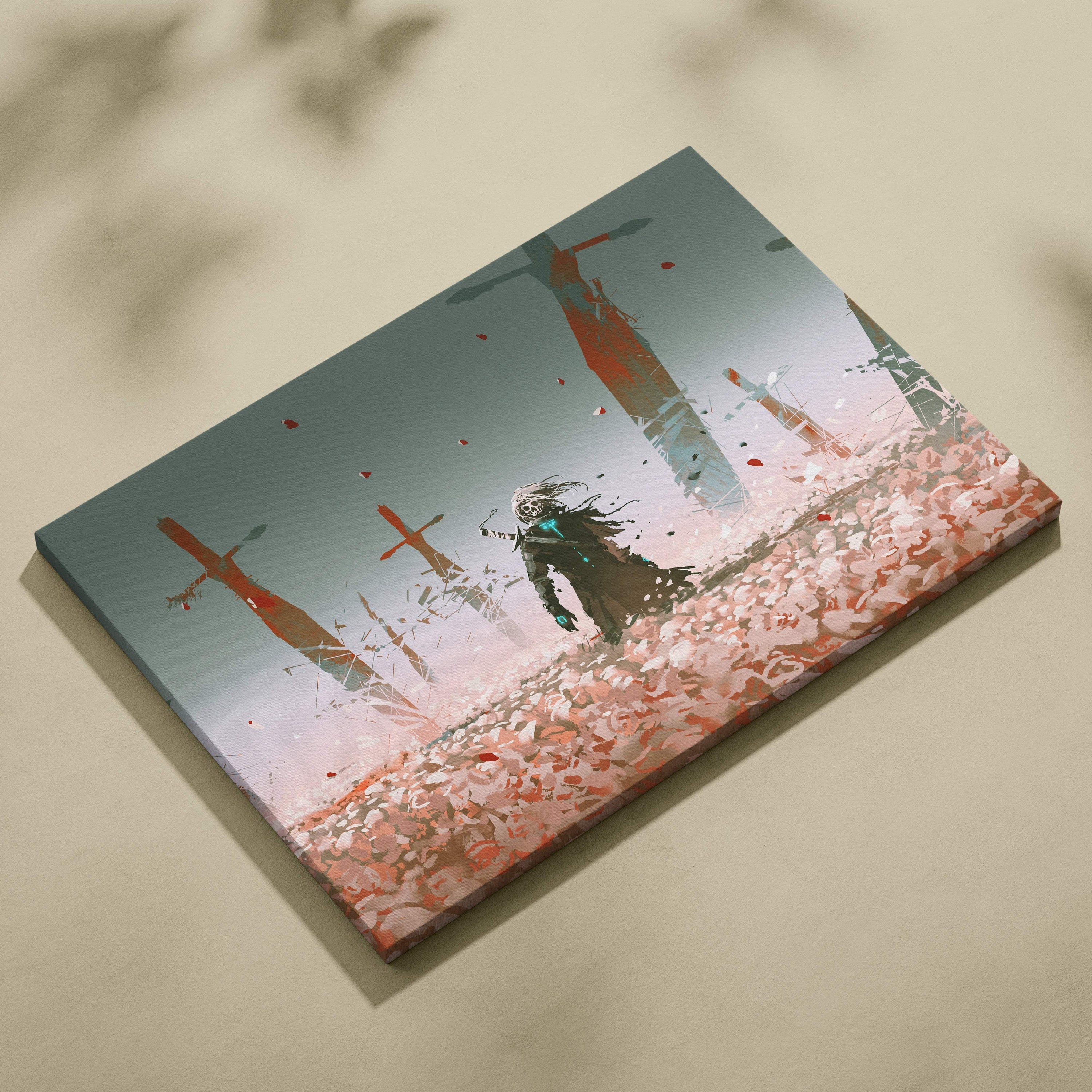Dark fantasy reaper canvas wall art featuring an anime style skull warrior in a rose field with gothic swords